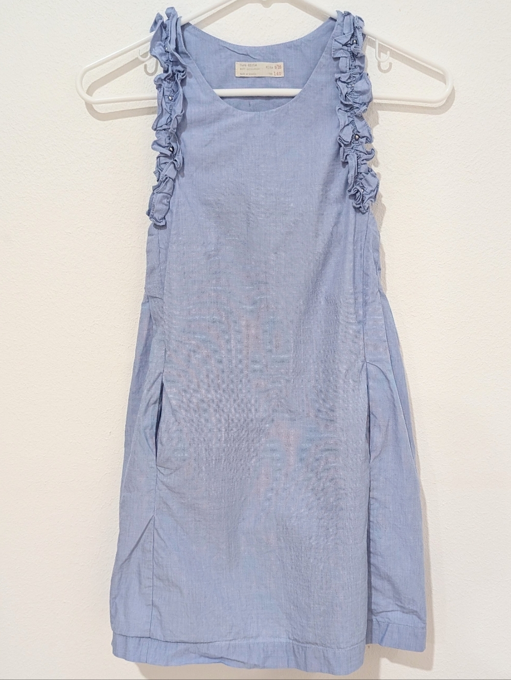 Zara Girls Light Blue Sleeveless Ruffle Trapeze Shift Dress Pockets 9 10 140cm